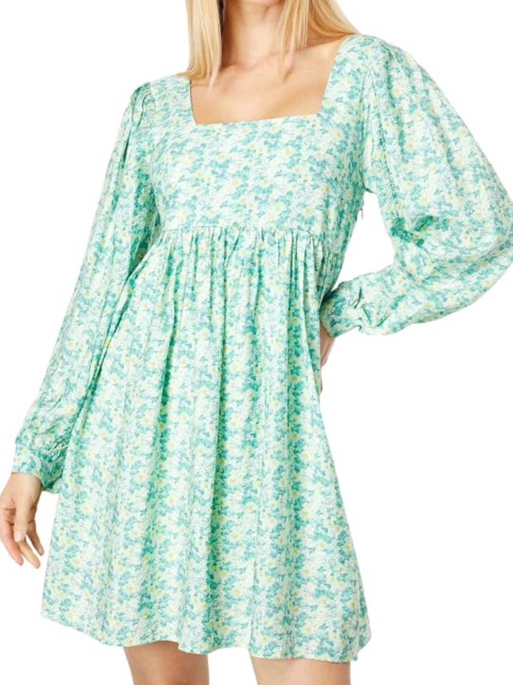 MOON RIVER babydoll mini dress with puff sleeve, green floral print